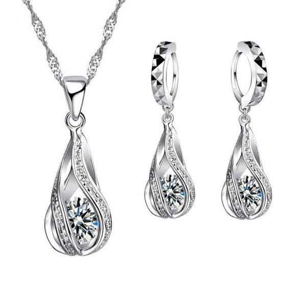 π NEW π 925 Sterling Silver Earrings Necklace And Ring Set Bundle Drop - Picture 3 of 14